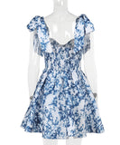 Sexy Printed Lace A Line Skirt Blue Red Polyester Fashion
