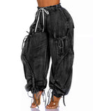 Loose Straight Leg Jeans With Drawstring Tie And Bow Detail