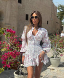 Chic Printed Waist Long Sleeve Short Lace Dress in Purple Pink