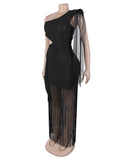 Asymmetric Single Shoulder Fringed Long Dress in Black Gold Blue