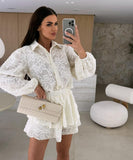 Lace Cutout Casual Long Sleeve Two Piece Polyester Set