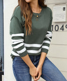 Relaxed Patchwork Striped Sweater With Round Neck Casual