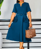 V Neck Short Sleeve Cinched Waist A Line Dress