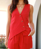 Solid Color Shorts And V Neck Pullover With Waistband