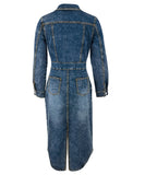Stylish Denim Long Dress with Slit and Button-Down Collar