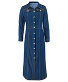 Women's Denim Long Sleeve Coat Style Dress with Button Closure
