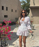 Chic Printed Waist Long Sleeve Short Lace Dress in Purple Pink