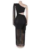 Asymmetric Single Shoulder Fringed Long Dress in Black Gold Blue