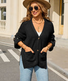 Classic Relaxed Cardigan With Pocket V Neck For Women