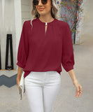 Chic Keyhole V-neck Seven-point Sleeved Loose Chiffon Top