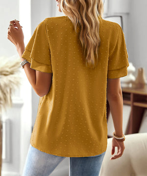 Casual V Neck Wave Collar Blouse For Women Yellow Polyester