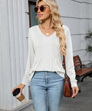 V Neck Striped Loose Long Sleeve T Shirt Nylon Elastane