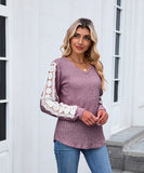 V Neck Loose Long Sleeve Lace Contrast Color T Shirt