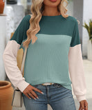Round Neck Stretchy Strip Multicolor Long Sleeve T Shirt