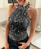 Elegant Black Or Silver Backless Sleeveless Top For Evening