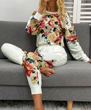 Large Size Floral Print Long Sleeve Home Wear Set for Comfort