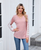 V Neck Loose Long Sleeve Lace Contrast Color T Shirt