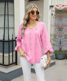 Chic V-neck Diamond Check Hollow-out Jacquard Horn Sleeve Loose T-shirt
