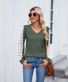 V Neck Loose Long Sleeve Lace Contrast Color T Shirt