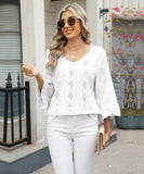Chic V-neck Diamond Check Hollow-out Jacquard Horn Sleeve Loose T-shirt