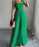 Women's Wide Leg Jumpsuit With High Waist And Shoulder Straps