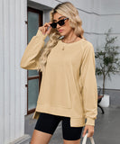 Solid Color Wavy Round Neck Long Sleeve Loose Fitting Shirt