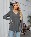 V Neck Striped Loose Long Sleeve T Shirt Nylon Elastane