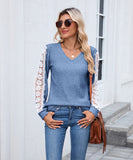 V Neck Loose Long Sleeve Lace Contrast Color T Shirt