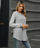 Striped Patchwork Crewneck Long Sleeve Tailcoat T Shirt