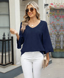 Chic V-neck Diamond Check Hollow-out Jacquard Horn Sleeve Loose T-shirt