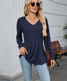 V Neck Striped Loose Long Sleeve T Shirt Nylon Elastane