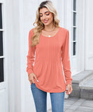 Solid Color Round Neck Striped Loose Long Sleeve T Shirt