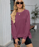 Solid Color Wavy Round Neck Long Sleeve Loose Fitting Shirt