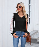 V Neck Loose Long Sleeve Lace Contrast Color T Shirt