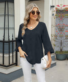 Chic V-neck Diamond Check Hollow-out Jacquard Horn Sleeve Loose T-shirt
