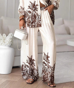 Classic Floral Blouse And Wide Leg Pants Two Piece Set