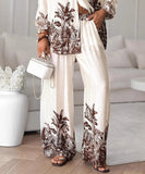 Classic Floral Blouse And Wide Leg Pants Two Piece Set