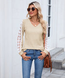 V Neck Loose Long Sleeve Lace Contrast Color T Shirt