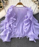 Ruffled Long Sleeve Round Neck Blouse Women Polyester