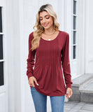 Solid Color Round Neck Striped Loose Long Sleeve T Shirt