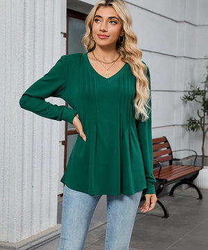 V Neck Striped Loose Long Sleeve T Shirt Nylon Elastane