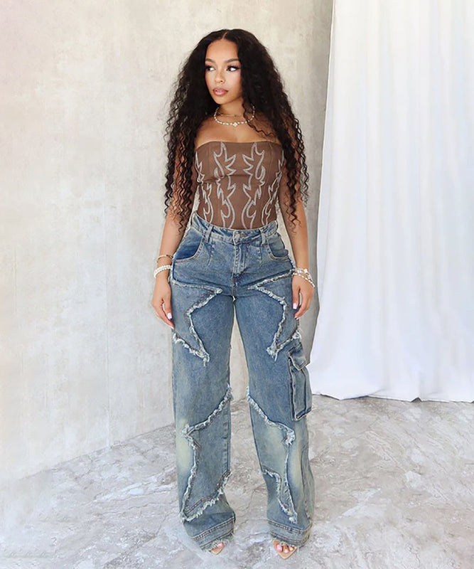 Star Fringe Hem Denim Trousers for Women Loose Straight