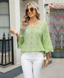 Chic V-neck Diamond Check Hollow-out Jacquard Horn Sleeve Loose T-shirt