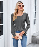 Solid Color Round Neck Striped Loose Long Sleeve T Shirt