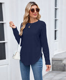 Casual Round Neck Long Sleeve Tee With Curved Hem Open Front