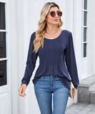 Solid Color Round Neck Striped Loose Long Sleeve T Shirt