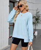 Solid Color Wavy Round Neck Long Sleeve Loose Fitting Shirt