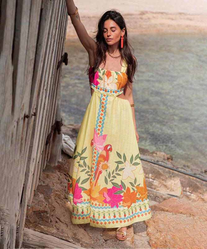 Classic Printed Maxi Dress With Wide Straps Bright Yellow