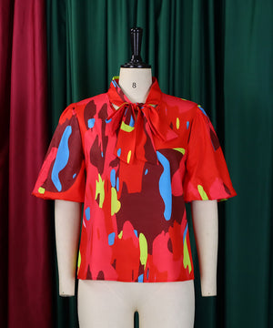 Printed Lace-Up Short-Sleeved Shirt with Puffy Sleeves for Women