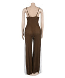 Sexy Sheer Wide-Leg Knitted Halter Top Color-Block Pants